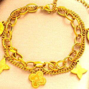 18K GOLD DIPPED DOUBLE CHAIN CHARM BRACELET ONE IS WIDE CHAIN LINKS ONE SLIM